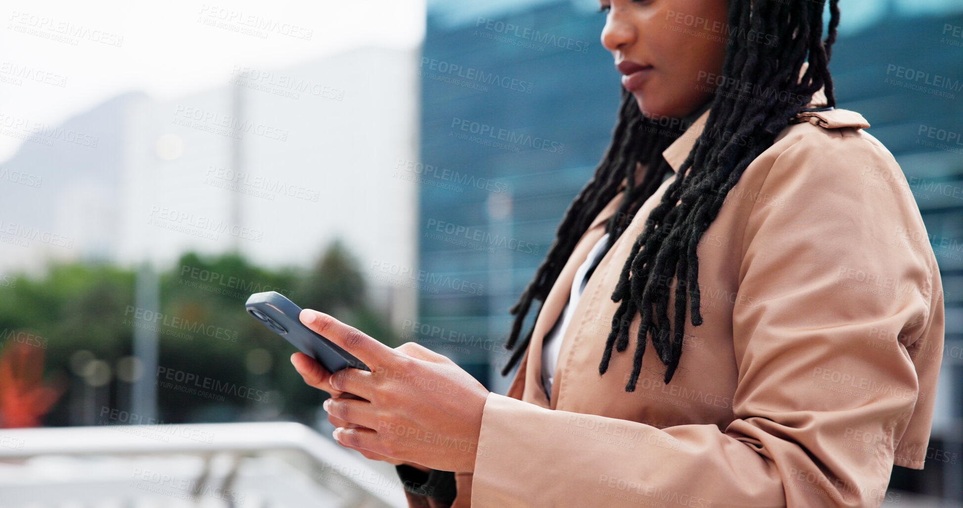 Buy stock photo Woman, hands and research with phone in city for social media, company app or communication. Female person, employee or typing with mobile smartphone for network, connection or chat in an urban town