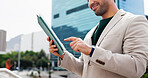 Man, hands and research with tablet in city for business investment, online trading or stock market. Businessman, scrolling and smile with technology for network, connection or app in an urban town