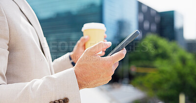 Buy stock photo City, coffee cup or hands with phone for commute, check social media or work schedule for tasks. Connectivity, urban or business person on morning journey with mobile, digital chat or caffeine drink