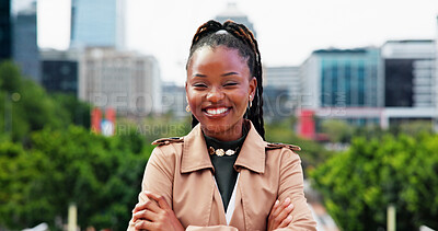 Buy stock photo Portrait, business and black woman with smile in city for career pride, about us and real estate. Happy, realtor and arms crossed for property development, urban venture and expansion opportunity