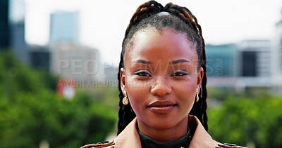 Buy stock photo Real estate, portrait and black woman in city, travel and property investment with pride. African person, outdoor and agent with expansion opportunity, urban development and realtor with confidence