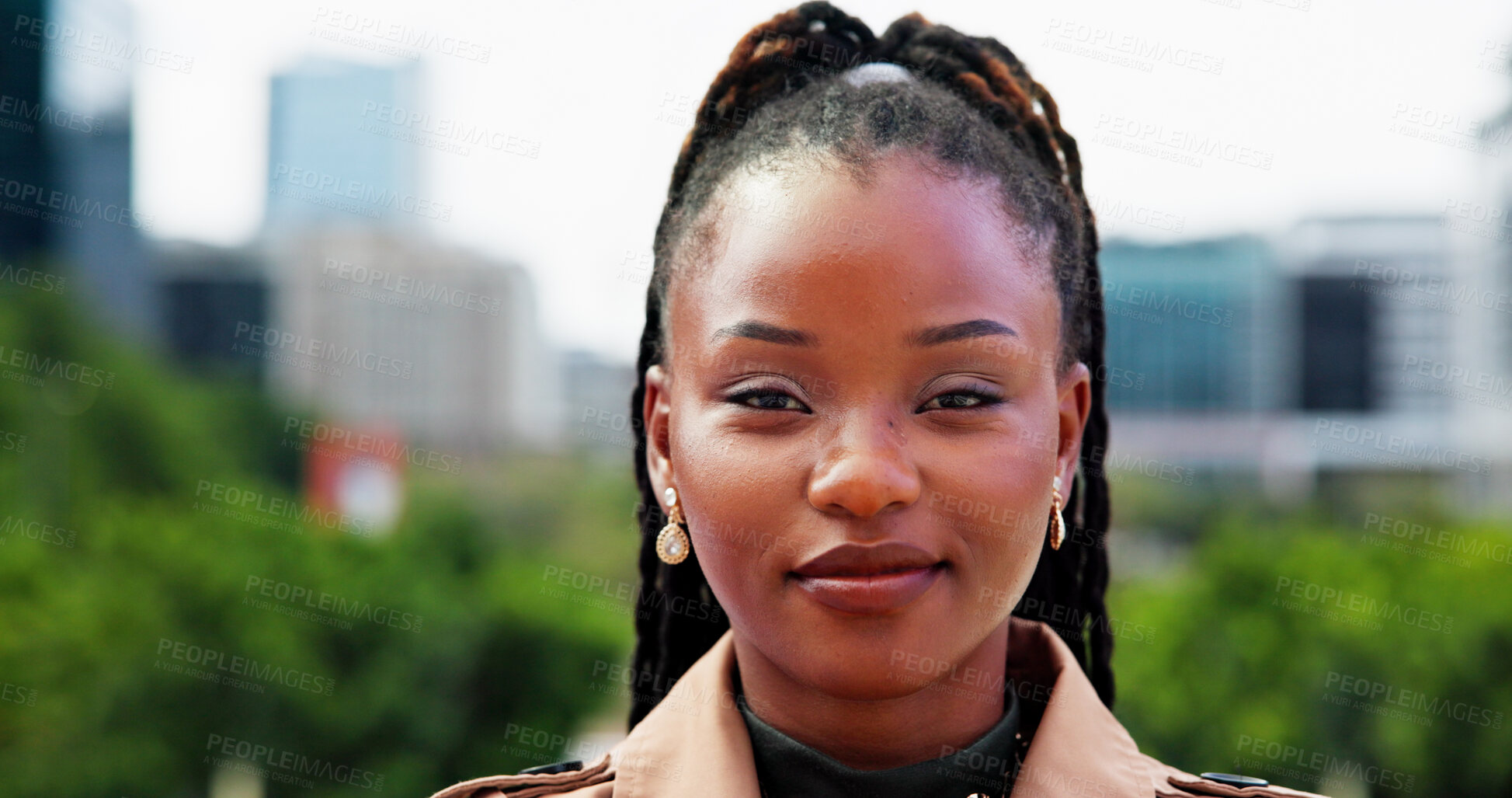 Buy stock photo Real estate, portrait and black woman in city, travel and property investment with pride. African person, outdoor and agent with expansion opportunity, urban development and realtor with confidence