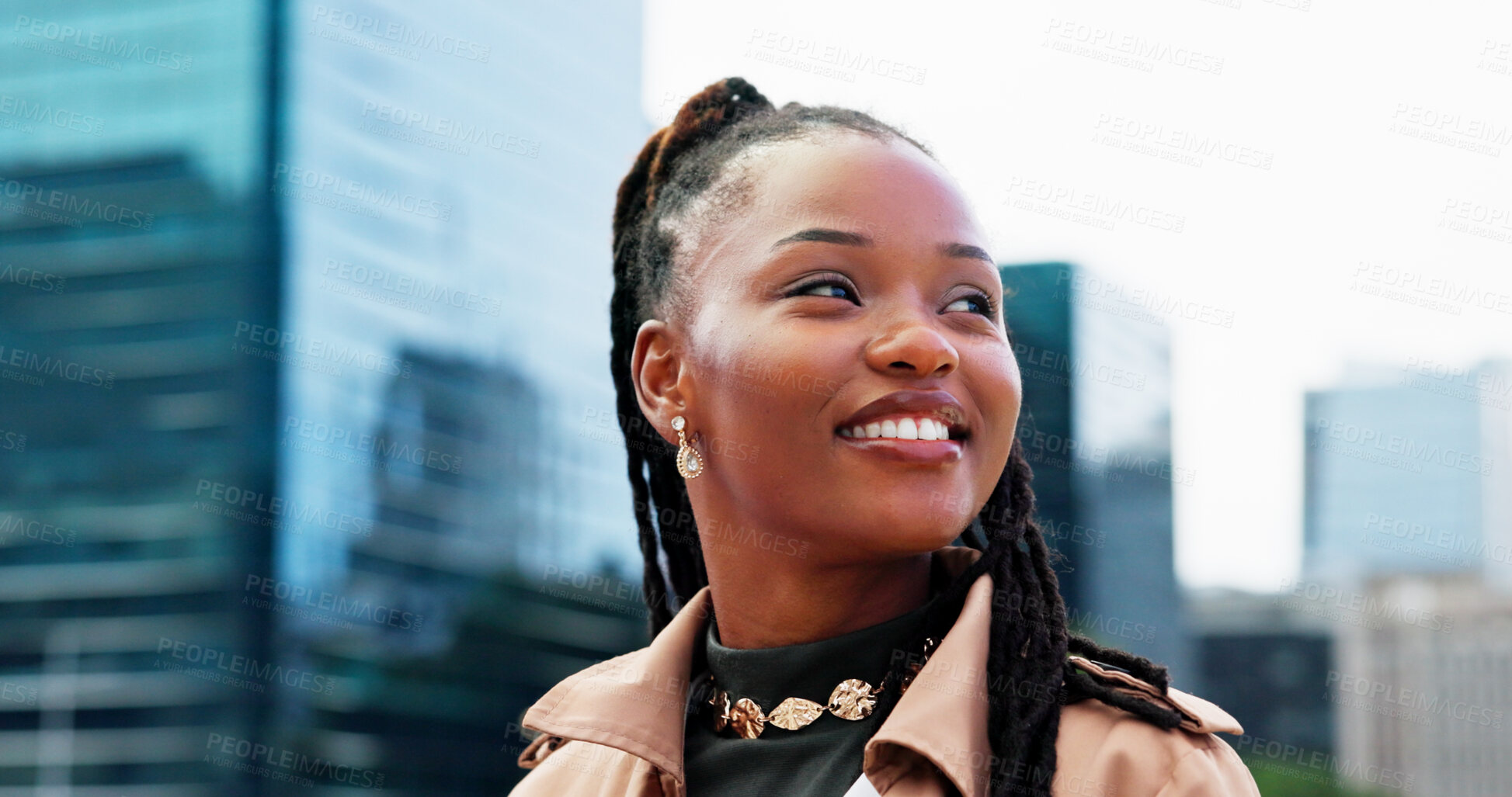 Buy stock photo Buildings, business and opportunity with black woman in city for career ambition or development. Inspiration, thinking and vision with happy African employee in urban town for commute or travel