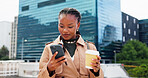 City, coffee cup and businesswoman with phone for commute, social media and work schedule for tasks. Digital map, urban and black person with mobile for morning travel, reading chat or caffeine drink