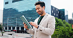 Happy, businessman and investor with tablet in city for online trading or investment. Man, broker or trader with technology or app for stock market research, network or connectivity in an urban town