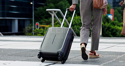 Buy stock photo Walking, city or legs with luggage for business travel, seminar trip or international trade show. Urban, back or professional person with suitcase for growth opportunity, overseas workshop or commute