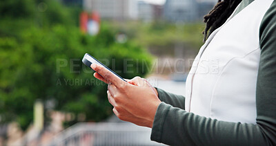 Buy stock photo Outdoor, business person and hands with mobile for networking, typing message or online communication. City, texting or employee with phone for social media app, browsing internet or digital chat