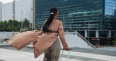 Buy stock photo Walk, city or business woman with suitcase for stakeholder meeting, travel trip or international seminar. Urban, back or professional person with luggage for growth opportunity, trade show or commute