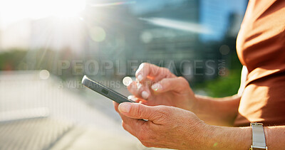 Buy stock photo City, person and hands with mobile for communication, typing business email and online networking. Flare, bokeh or mature employee with phone for social media, browsing internet or digital work chat