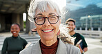 Real estate, glasses and happy woman, city, portrait and teamwork for urban development project. Outdoor, leadership and mature person with eyewear, asset management and spectacles for clear vision