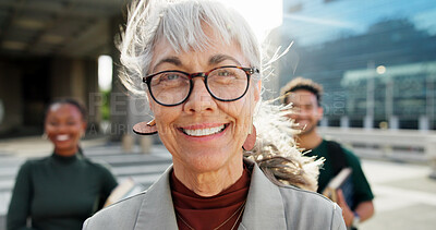 Buy stock photo Real estate, glasses and happy woman, city, portrait and teamwork for urban development project. Outdoor, leadership and mature person with eyewear, asset management and spectacles for clear vision