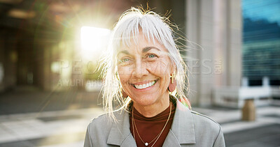 Buy stock photo Real estate, portrait and woman with smile, outdoor and property investment with expansion opportunity. Mature person, flare and agent with urban development, about us and realtor with confidence