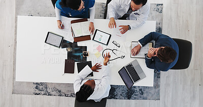 Buy stock photo Hospital, healthcare and doctors with tech, meeting and medical research for treatment plan and team. Clinic, discussion and collaboration with diagnosis on website, above and talking with people