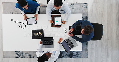 Buy stock photo Hospital, team and doctors with tech, medical research and meeting for treatment plan and discussion. Clinic, healthcare workers and collaboration with diagnosis on web, above and talking with people