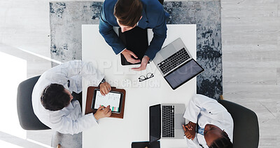 Buy stock photo Businessman, doctors and meeting with tech in clinic for surgery funding, action plan or feedback. Tablet, people and medical team with laptop for resource allocation, hospital management and above
