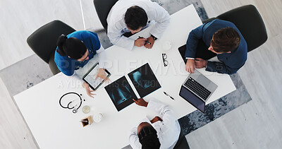 Buy stock photo Hospital, team and doctors with xray, discussion and medical research for treatment plan and meeting. Clinic, healthcare and people with scan for lung condition, above and checking for broken ribs