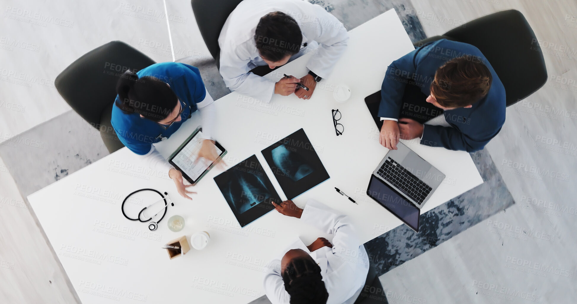 Buy stock photo Hospital, team and doctors with xray, discussion and medical research for treatment plan and meeting. Clinic, healthcare and people with scan for lung condition, above and checking for broken ribs