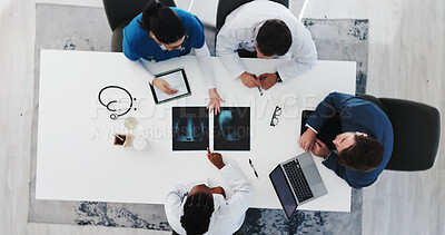 Buy stock photo Hospital, team and doctors with xray, meeting and medical research for treatment plan and discussion. Clinic, healthcare and people with scan for lung condition, above and checking for broken ribs
