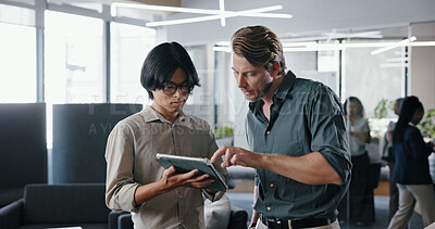 Buy stock photo Investor, tablet and men in office, conversation and digital app for investment deal. People, financial advisor and tech in workplace, discussion and email for trading portfolio and audit checklist