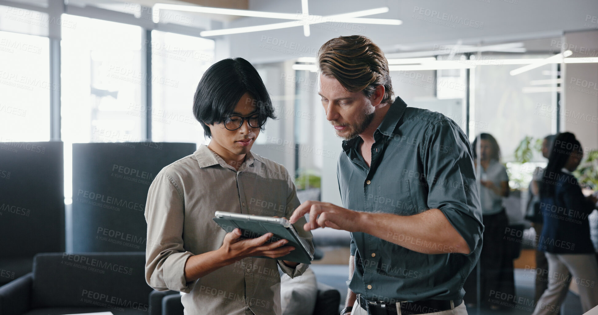 Buy stock photo Investor, tablet and men in office, conversation and digital app for investment deal. People, financial advisor and tech in workplace, discussion and email for trading portfolio and audit checklist