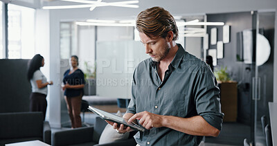 Buy stock photo Design, search and tablet with business man in office for online development or planning. App, research and technology with designer person in workplace for agenda, digital checklist or schedule