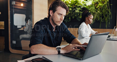 Buy stock photo Laptop, search and web design with business man in coworking office for development or planning. Computer, online research and typing with designer person at desk in workplace for digital agenda