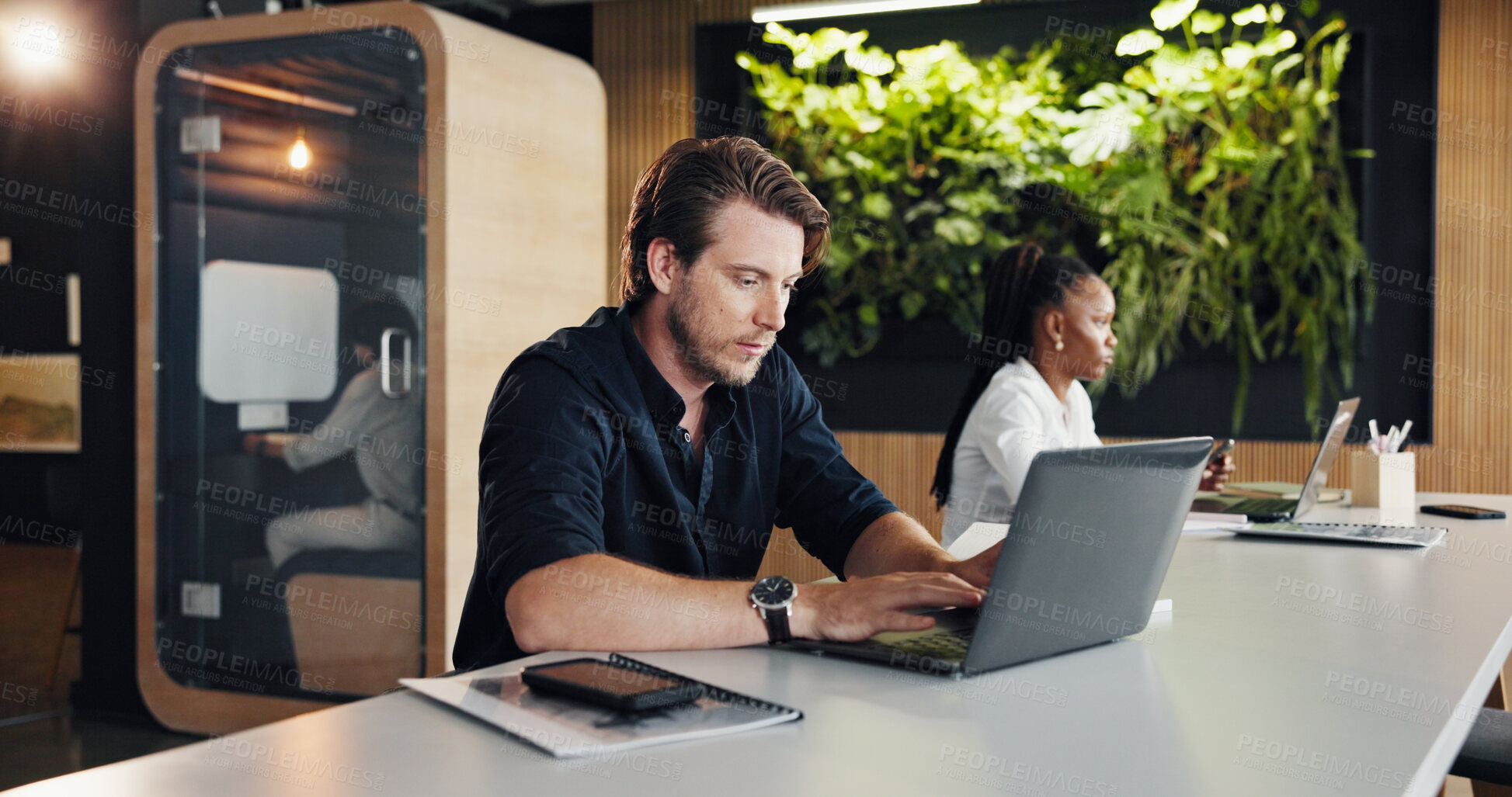 Buy stock photo Design, laptop and typing with business man in coworking office for development or planning. Computer, online research and review with designer person in workplace for digital agenda or schedule