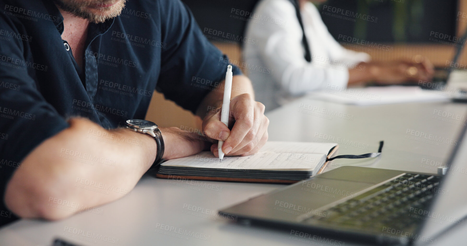 Buy stock photo Man, hands and writing in office with planner, laptop and reminder for marketing campaign schedule. Creative, person and coworking with computer, diary notes and task priority for advertising agenda.
