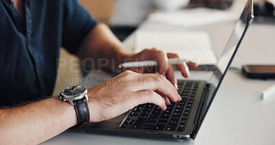Buy stock photo Man, hands and typing in office with laptop, administration and research for digital marketing campaign. Creative, person and browse with computer, website or proposal for online advertising project.