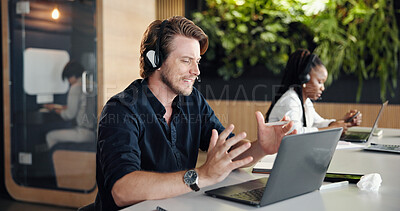Buy stock photo Call center, laptop or man in hybrid office with headset, contact us or aid in crm service. Professional, coworking or consultant in agency with tech, online assistance or feedback in client support