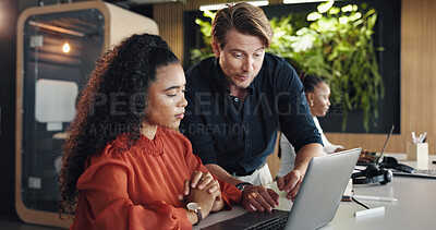 Buy stock photo Laptop, business people and training with mentor in call center for help, feedback or support. Computer, hotline manager and coaching intern in workplace, crm discussion and customer service team