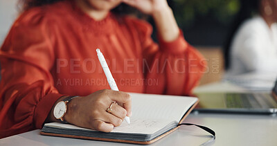 Buy stock photo Woman, hands and writing in office with planner, laptop and reminder for graphic design campaign. Creative, female person and coworking with computer, diary notes or designer inspiration for project.
