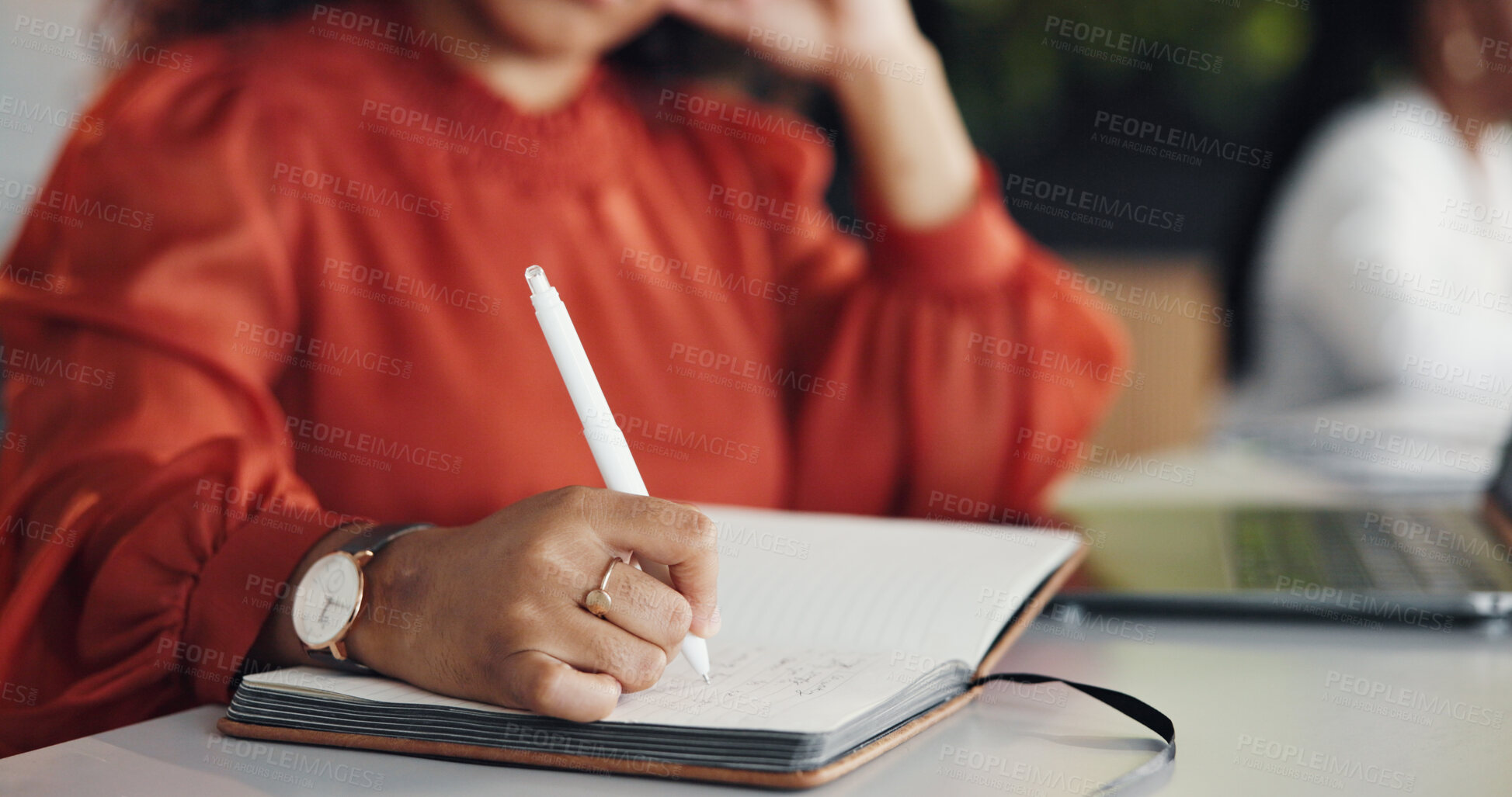 Buy stock photo Woman, hands and writing in office with planner, laptop and reminder for graphic design campaign. Creative, female person and coworking with computer, diary notes or designer inspiration for project.