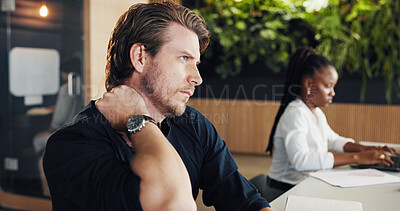 Buy stock photo Man, neck pain and stress with injury at startup, coworking and muscle fatigue at media company. Person, joint ache and frustrated with strain, exhausted and burnout with project at creative agency