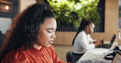 Buy stock photo Design, laptop and research with business woman at desk in coworking office for planning or review. Computer, development and reading with designer person in workplace for digital or online report