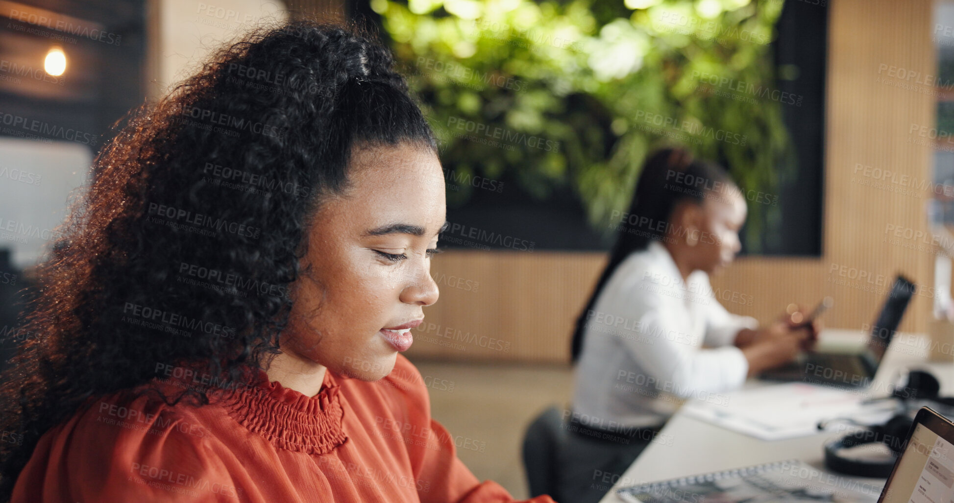 Buy stock photo Design, laptop and research with business woman at desk in coworking office for planning or review. Computer, development and reading with designer person in workplace for digital or online report