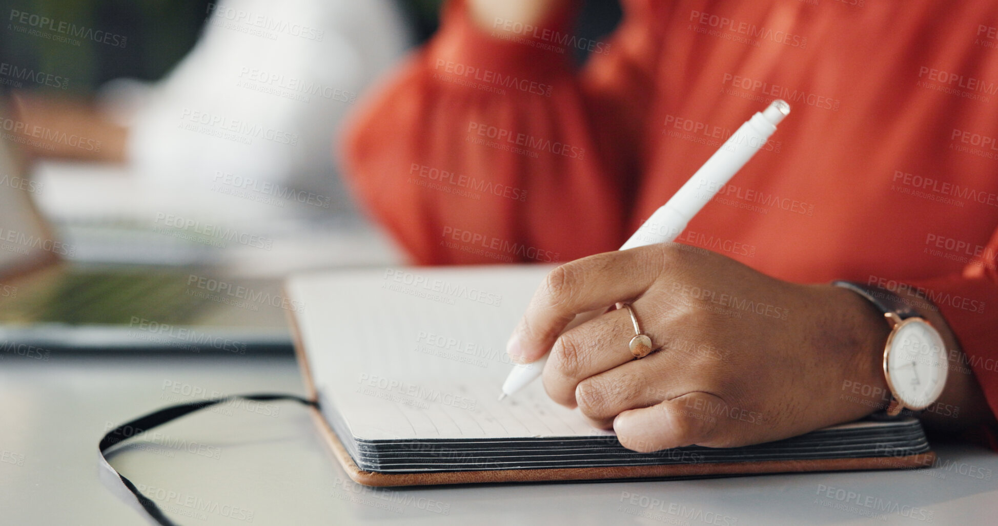 Buy stock photo Woman, hands and writing in office with notebook, idea planning and inspiration for jewellery business. Creative, person and designer with journal notes, goal setting and insight for fashion startup.