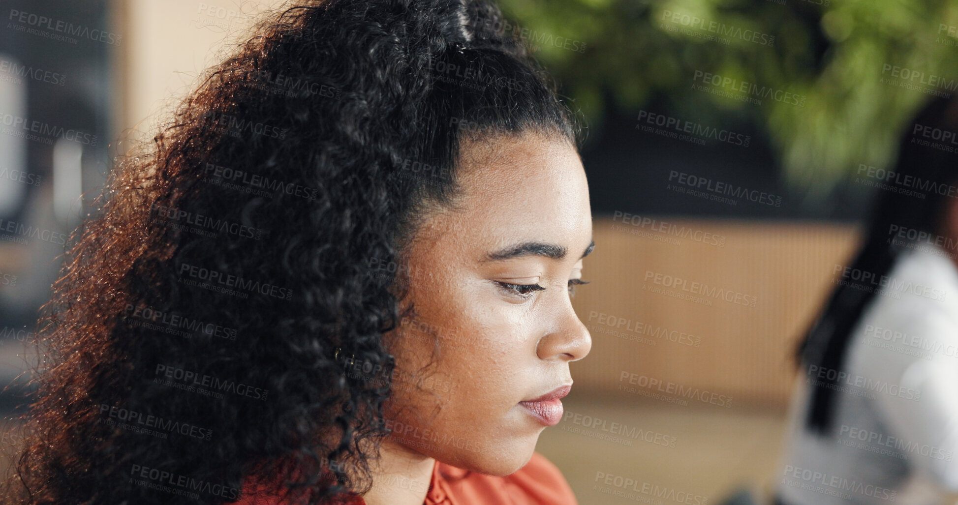 Buy stock photo Serious, thinking and business woman with vision, financial decision and perspective in company. Reflection, investment consultant and person with insight, idea or problem solving in coworking office