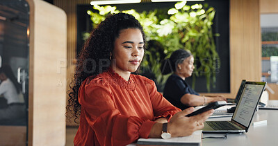 Buy stock photo Design, laptop and phone with business woman in coworking office for development or planning. App, computer and online research with designer person in workplace for communication or digital agenda