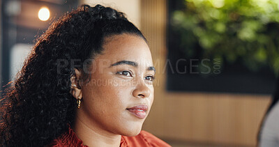 Buy stock photo Business, woman and thinking in office with idea, contemplation or ambition for public relations career. Thoughtful, female person or PR consultant in workplace with reflection, planning and bokeh.