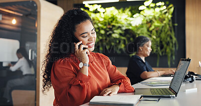 Buy stock photo Design, notebook and phone call with business woman in coworking office for communication. Conversation, laptop and online research with designer person in workplace for digital agenda or schedule