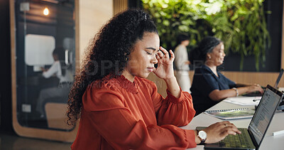 Buy stock photo Woman, headache and stress with laptop at startup, coworking and exhausted with report at media company. Person, migraine and typing with chronic pain, vertigo or burnout with job at creative agency