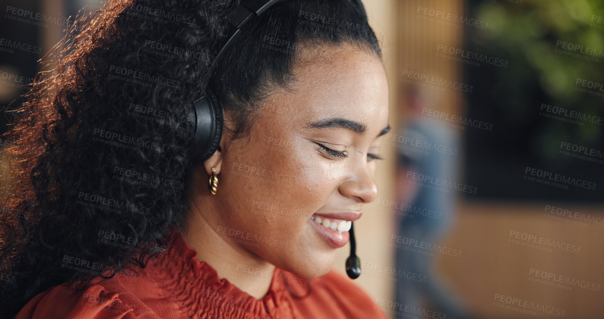 Buy stock photo Call center, smile and woman in office with headset, contact us or advice in crm service. Professional, space and consultant in agency with tech, online assistance or feedback in client support.