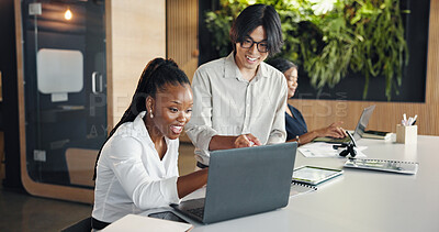 Buy stock photo Excited, smile and business people on laptop with success for project, article and teamwork. Publishing agency, coworking office and man with woman celebrate submission, review and editing proposal