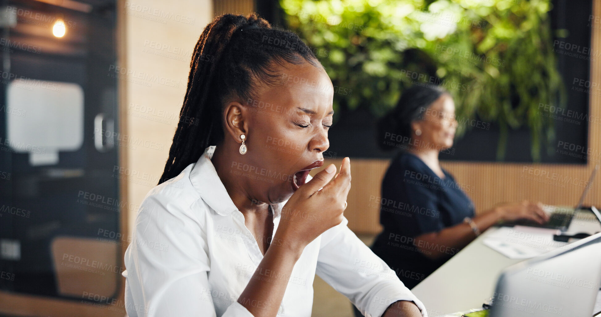 Buy stock photo Business, yawning and woman in office, tired and overworked with brain fog for submission. Person, magazine editor and journalist with burnout, bored and exhausted with fatigue, lazy and overwhelmed