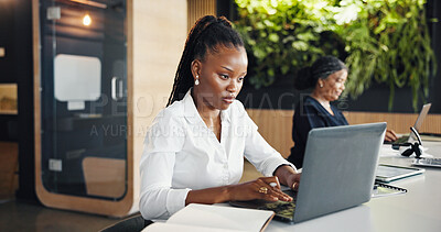 Buy stock photo Business, laptop and research with designer woman in coworking office for development or planning. Computer, online review and typing with design employee at work for digital agenda or schedule