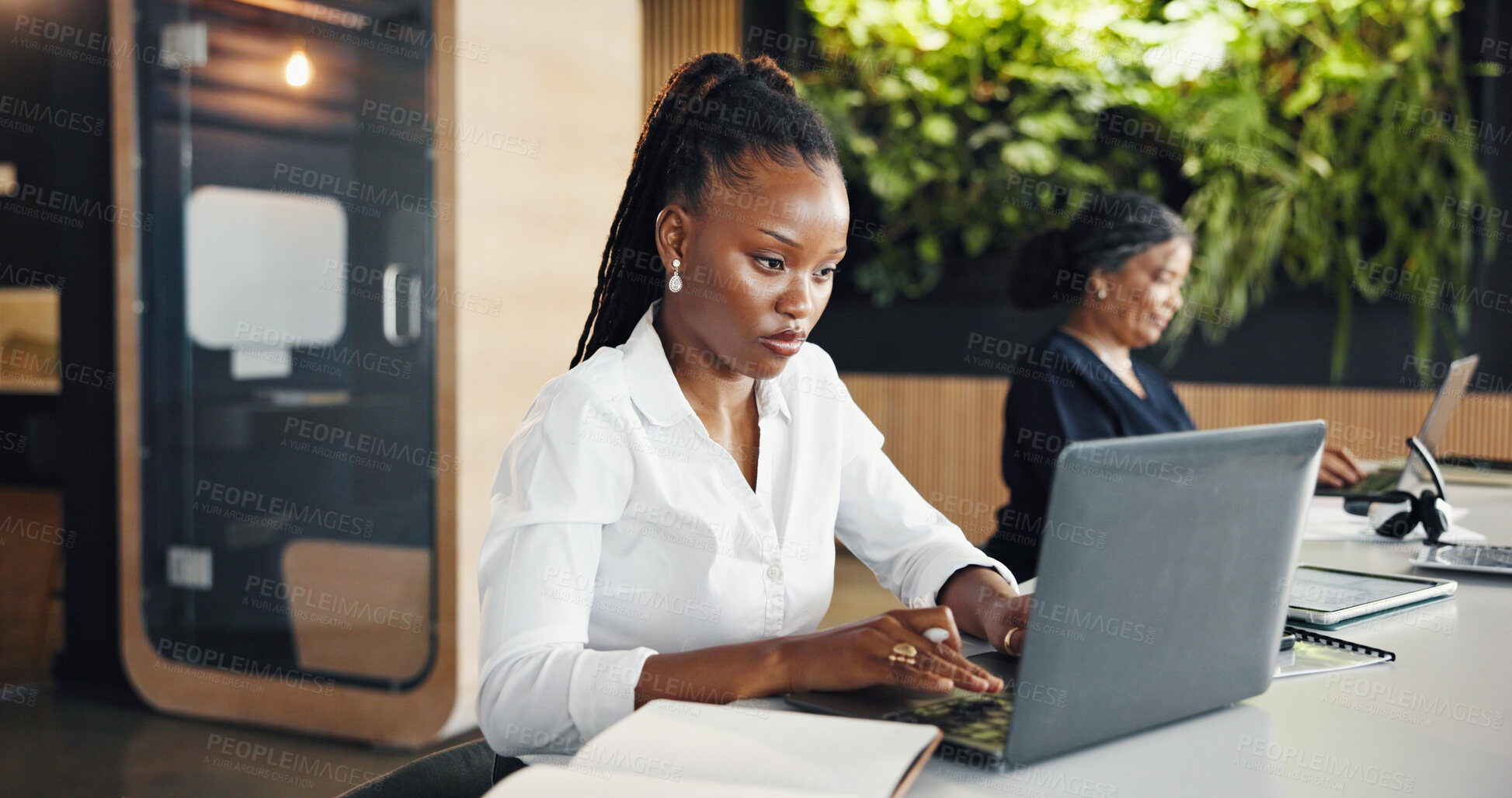 Buy stock photo Business, laptop and research with designer woman in coworking office for development or planning. Computer, online review and typing with design employee at work for digital agenda or schedule