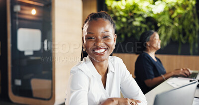 Buy stock photo Design, portrait and smile of business woman in coworking office for development or planning. Laptop, online report and research with happy designer person at work for digital agenda or schedule