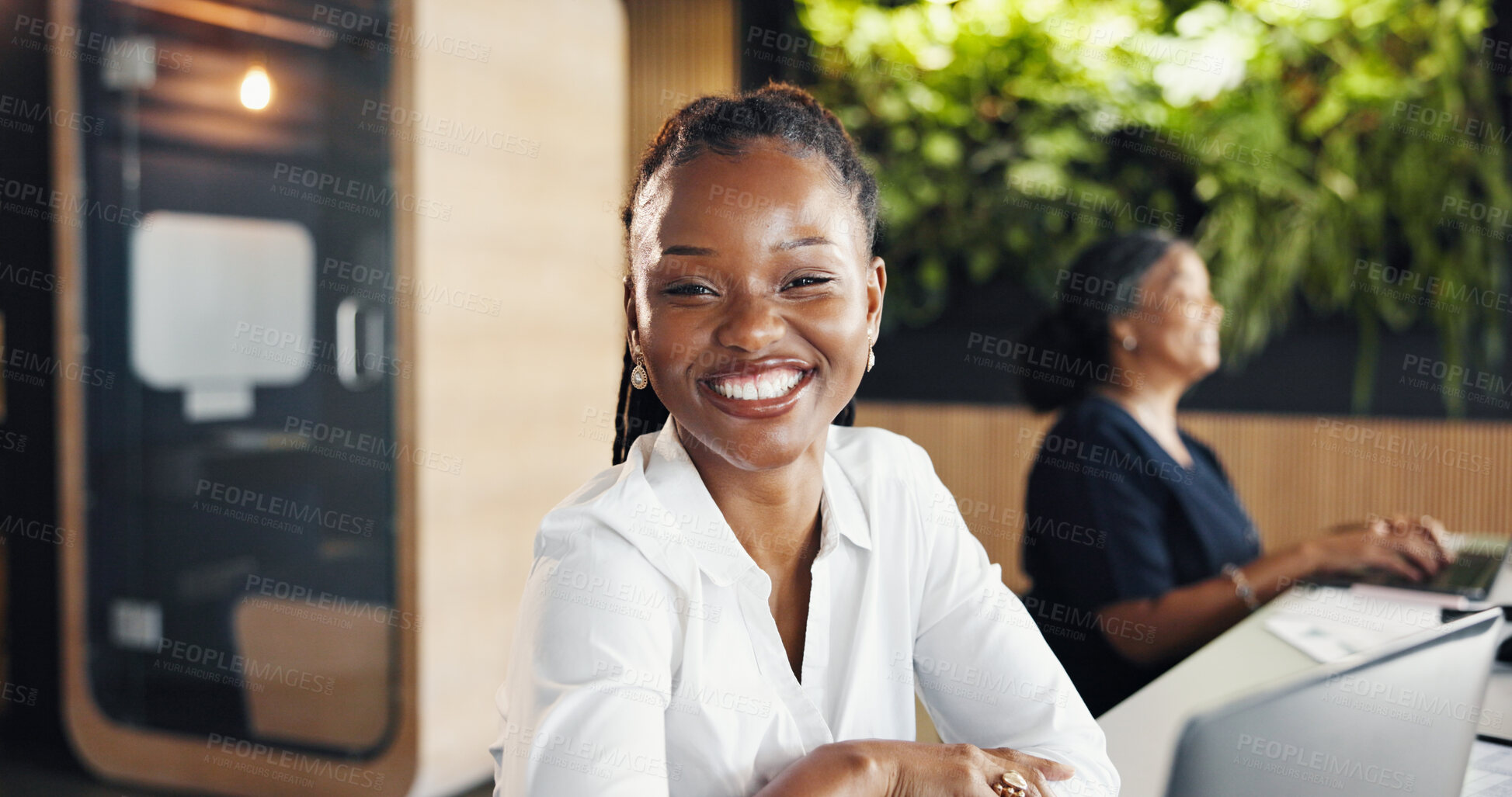 Buy stock photo Design, portrait and smile of business woman in coworking office for development or planning. Laptop, online report and research with happy designer person at work for digital agenda or schedule