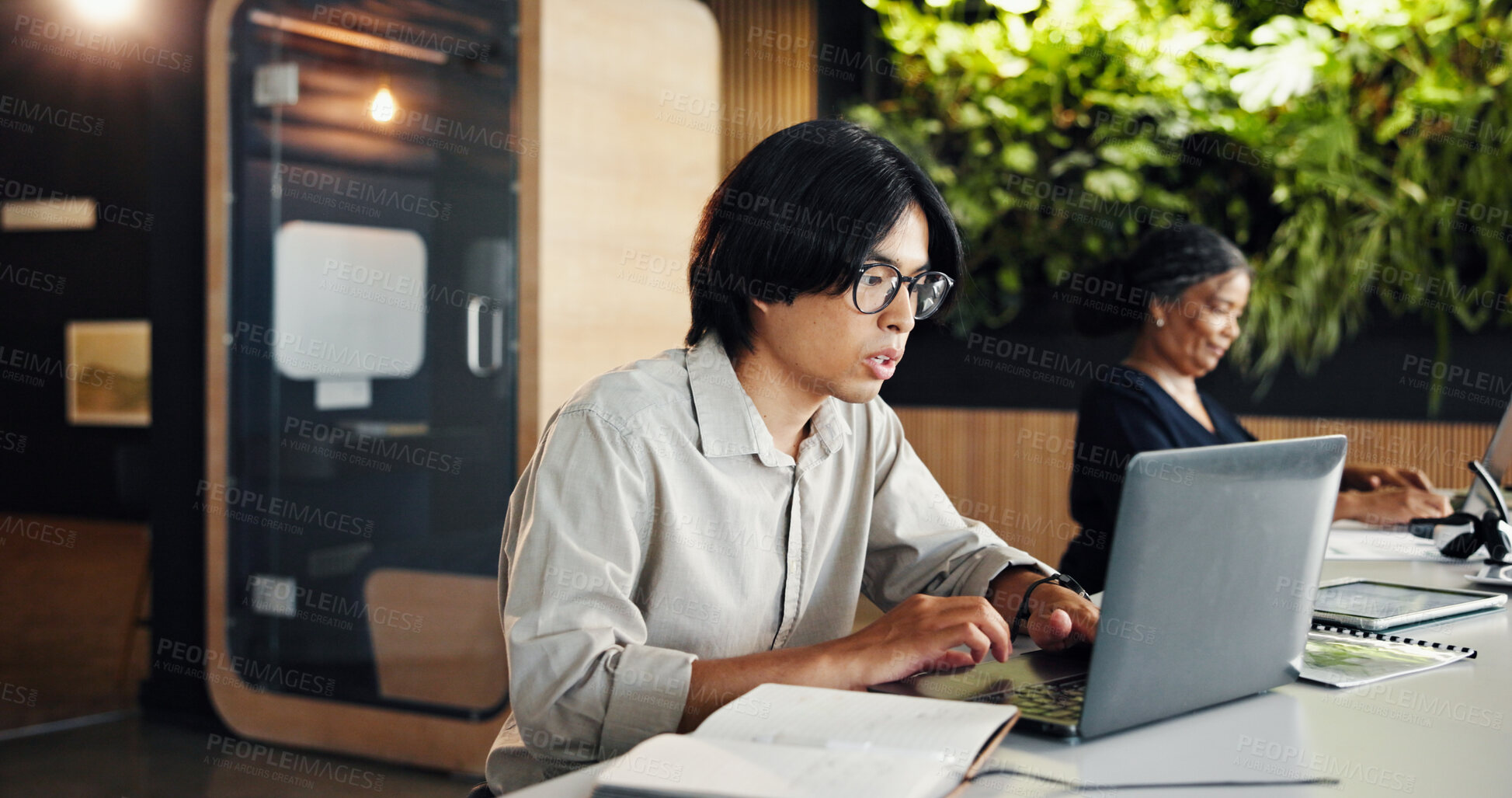 Buy stock photo Laptop, search and typing with designer man in coworking office for development or planning. Computer, online review and research with person in design workplace for digital agenda or schedule